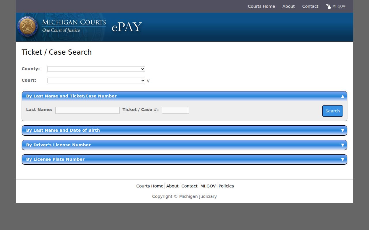 Michigan ePay ticket search fields for Midland County traffic warrant lookups