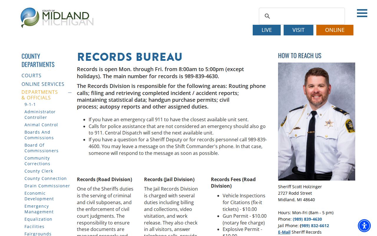 Midland County Sheriff's Records Bureau functions and hours for Midland County warrant checks