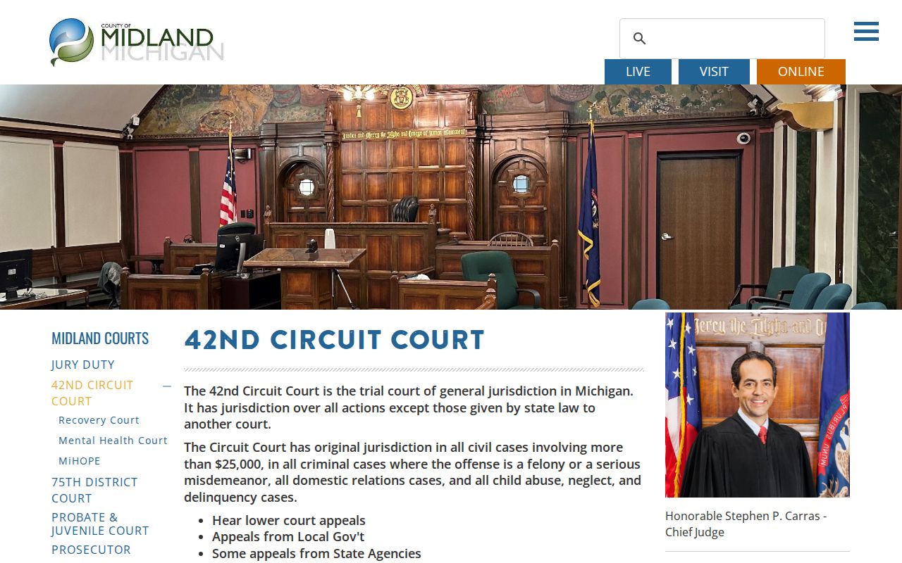 42nd Circuit Court judge and contact details for Midland County felony arrest warrant cases