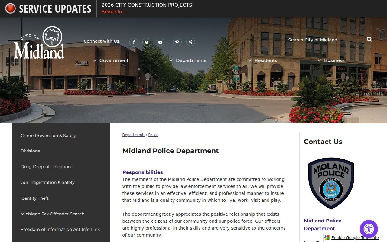 Midland Police Department contact information for Midland warrant records questions