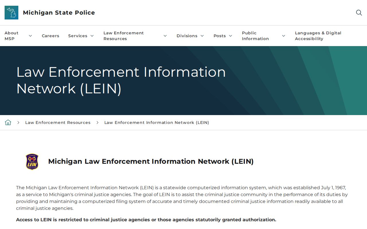 Michigan LEIN restricted criminal justice access notice for Midland County active warrant searches