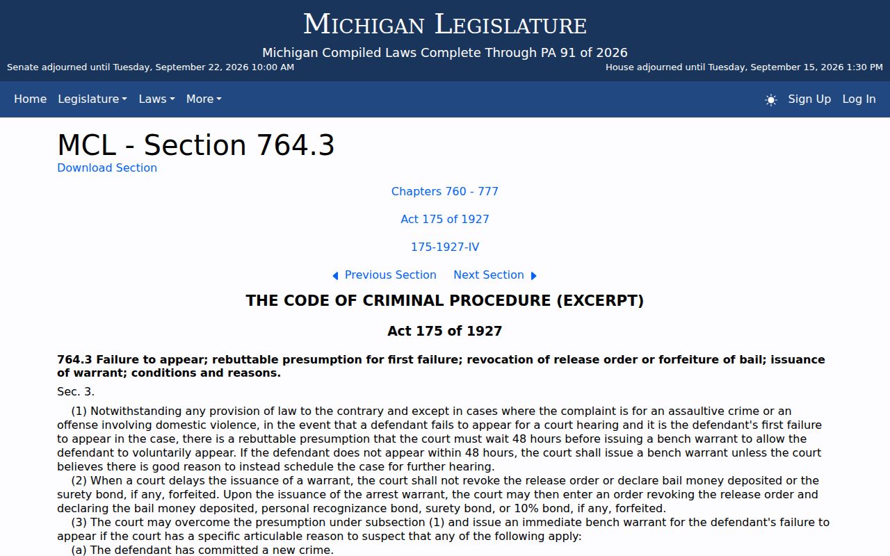 Michigan failure to appear statute cited for Midland County bench warrant questions