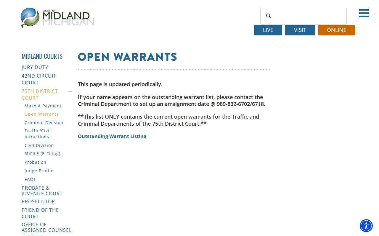 Midland County open warrant list notice and update language for Midland County warrant records