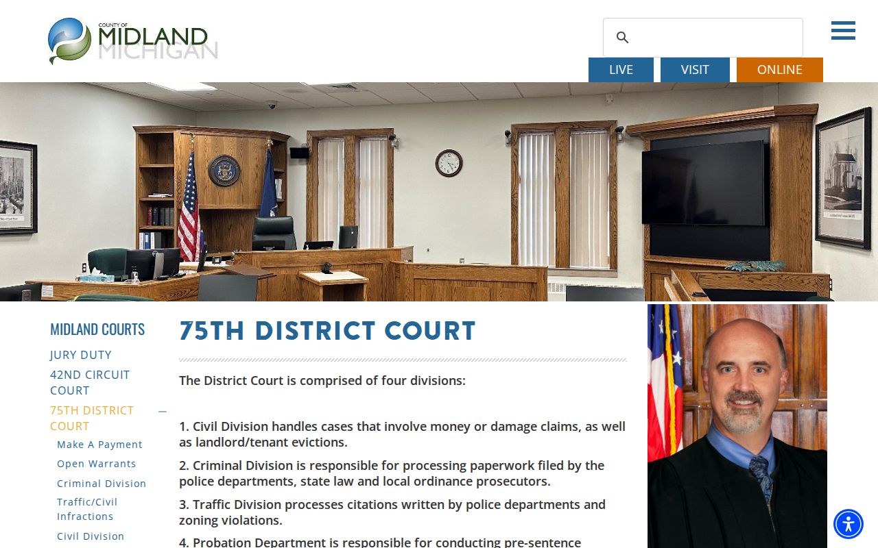 75th District Court divisions and address used for Midland County city ordinance warrant cases
